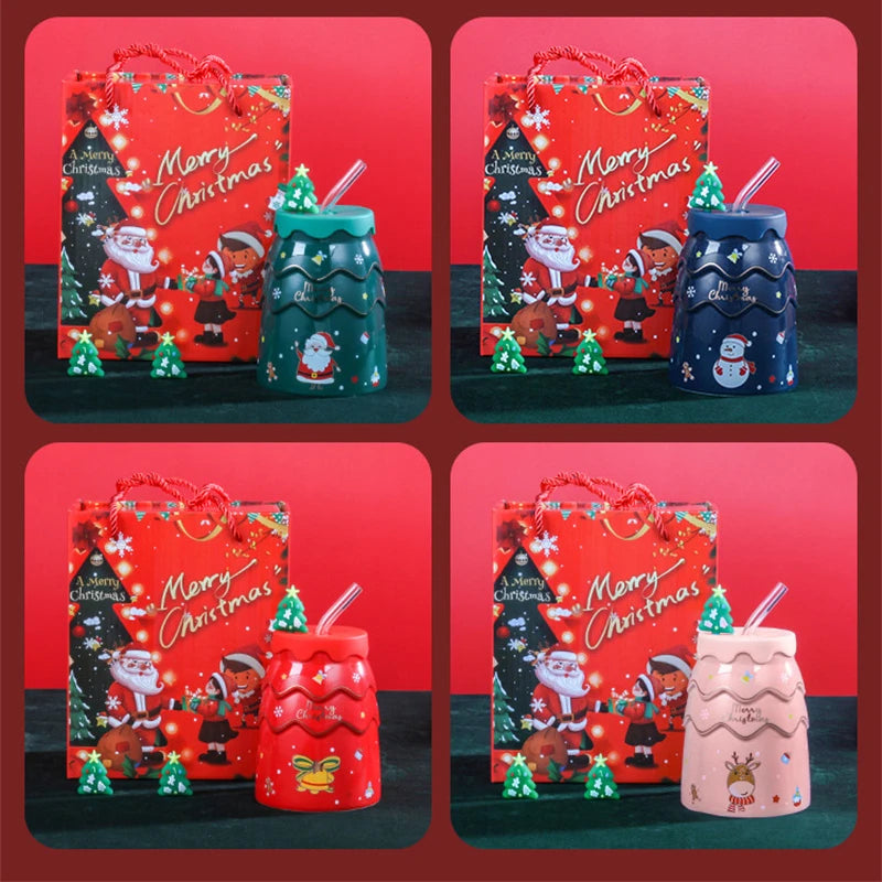 🎅 Christmas Ceramic Mug with Lid & Straw – Santa, Snowman & Tree Design Gift Cup