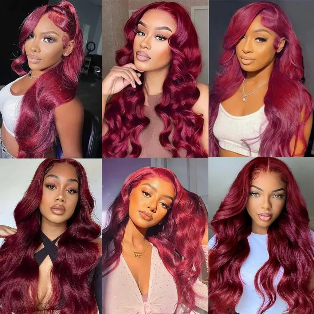 CanaryFly 99J Burgundy 13x6 HD Transparent Lace Frontal Body Wave Human Hair Wig (Pre-Plucked)