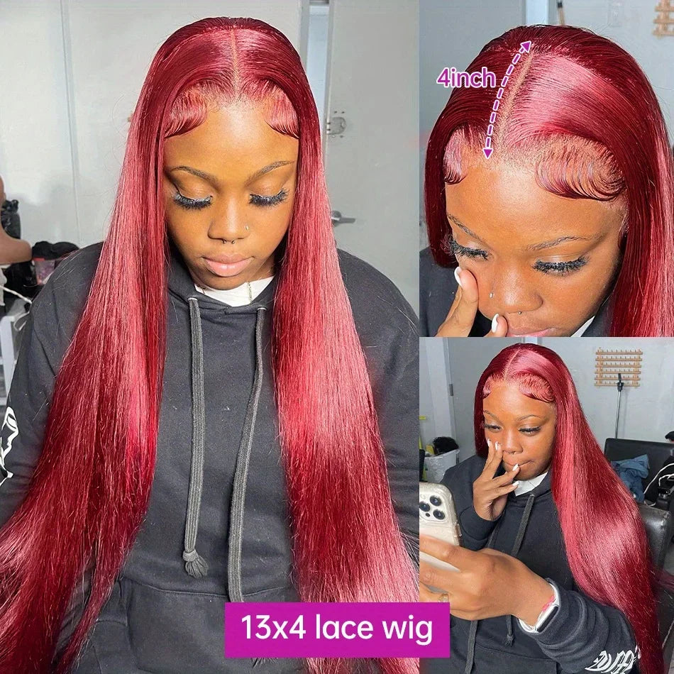 99J Burgundy Straight Lace Front Human Hair Wig – 13x4 / 13x6 HD Transparent, Glueless
