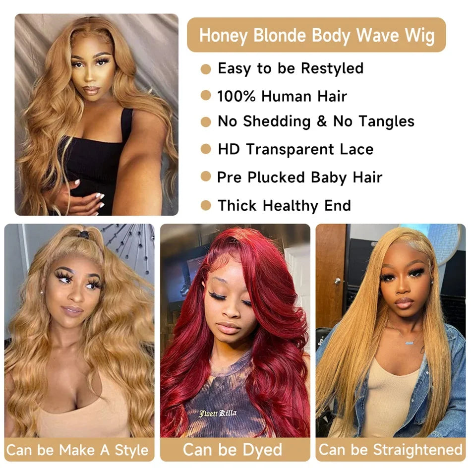 Honey Blonde 13x6 HD Lace Frontal Body Wave Human Hair Wig – Pre-Plucked Brazilian #27 Blonde