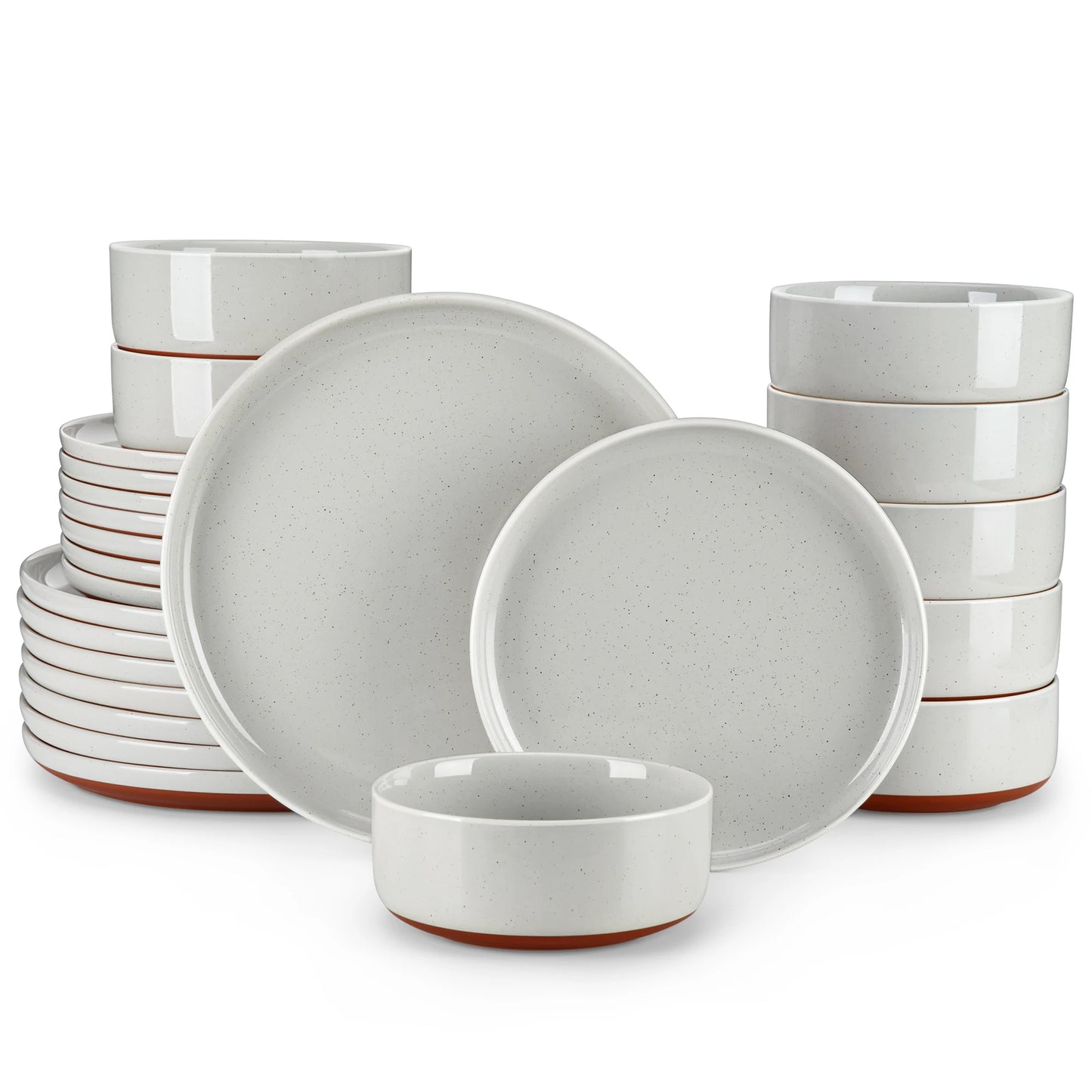MALACASA TARA 12/24-Piece Stoneware Dinnerware Set – Curved Edge Sesame Glaze Plates & Bowls for 4/6 Person Dining