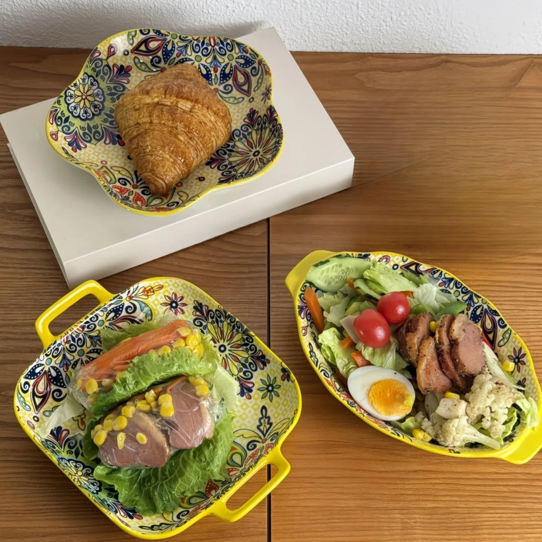 Bohemian Ceramic Plate Set – Double-Eared Fish Plates & High-Value Salad Dish for Home Dining and Cooking