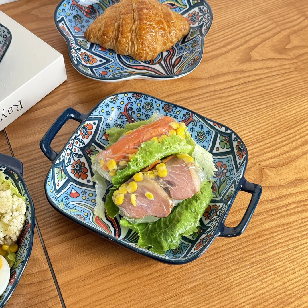 Bohemian Ceramic Plate Set – Double-Eared Fish Plates & High-Value Salad Dish for Home Dining and Cooking
