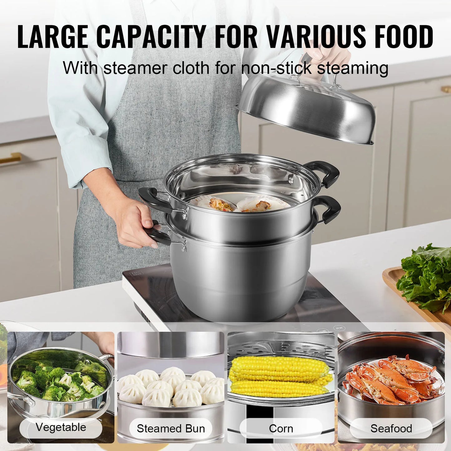 SucceBuy 3-Tier Stainless Steel Steamer Pot 28cm – 8.5QT Cookware
