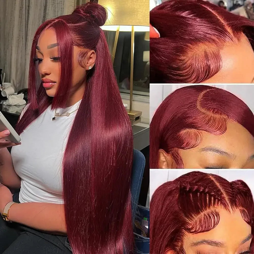 Burgundy Red Straight HD Lace Front Human Hair Wig – 100% Brazilian, 13x6/13x4/4x4 Options