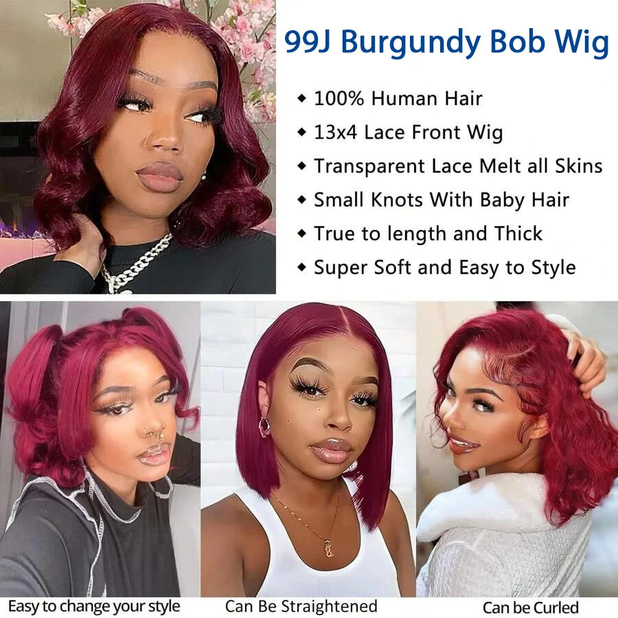 99J Burgundy Body Wave Short Bob Human Hair Wig (13x4 Transparent Lace Front, 250% Density)
