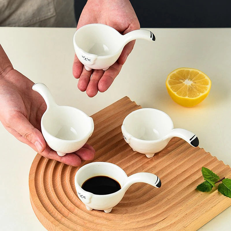 Cute Ceramic Mixing Dish with Handle – Bunny & Cat Dipping Bowl for Snacks & Sushi