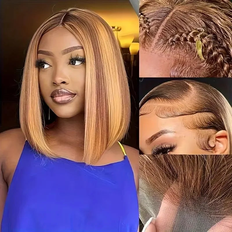 4/27 Ombre Highlight Straight Bob Human Hair Wig 13x4 Transparent Lace Front (Remy, Pre-Plucked)
