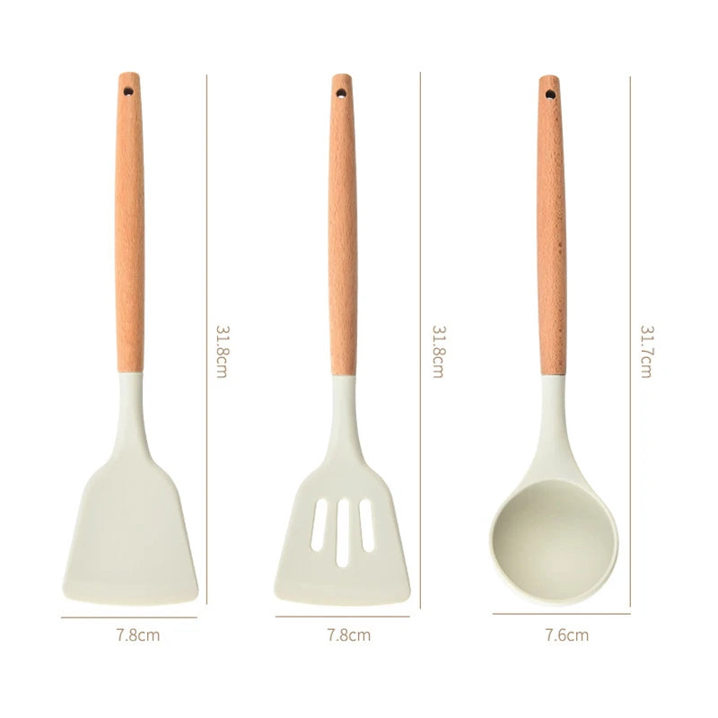 Silicone Kitchen Utensil Set with Wooden Handle – Nonstick Cooking Tools