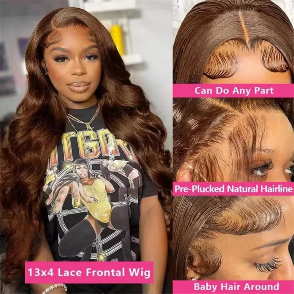 Chocolate Brown 13x6 HD Lace Frontal Body Wave Human Hair Wig (30", Pre-Plucked, Free Parting)