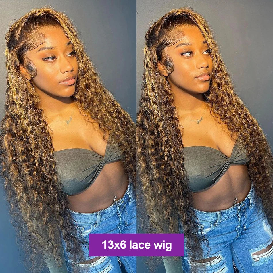 Finros Honey Blonde Highlight Deep Wave Lace Front Wig (30–36") | 13x4 / 13x6 HD Transparent Lace | Brazilian Remy Human Hair