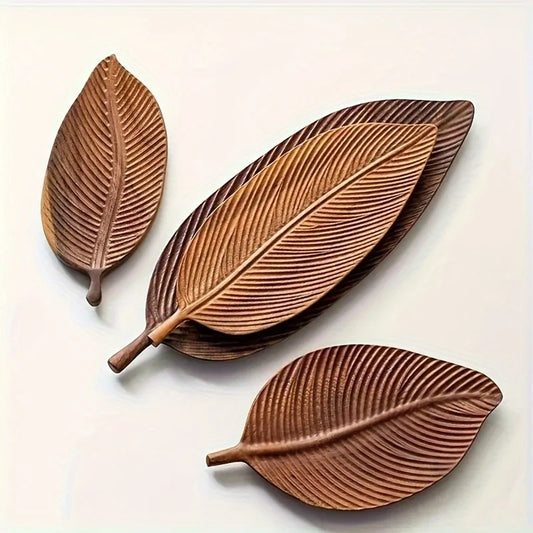 Leaf-Shaped Wooden Tray with Handle – Antique Style Serving Plate for Breakfast & Snacks