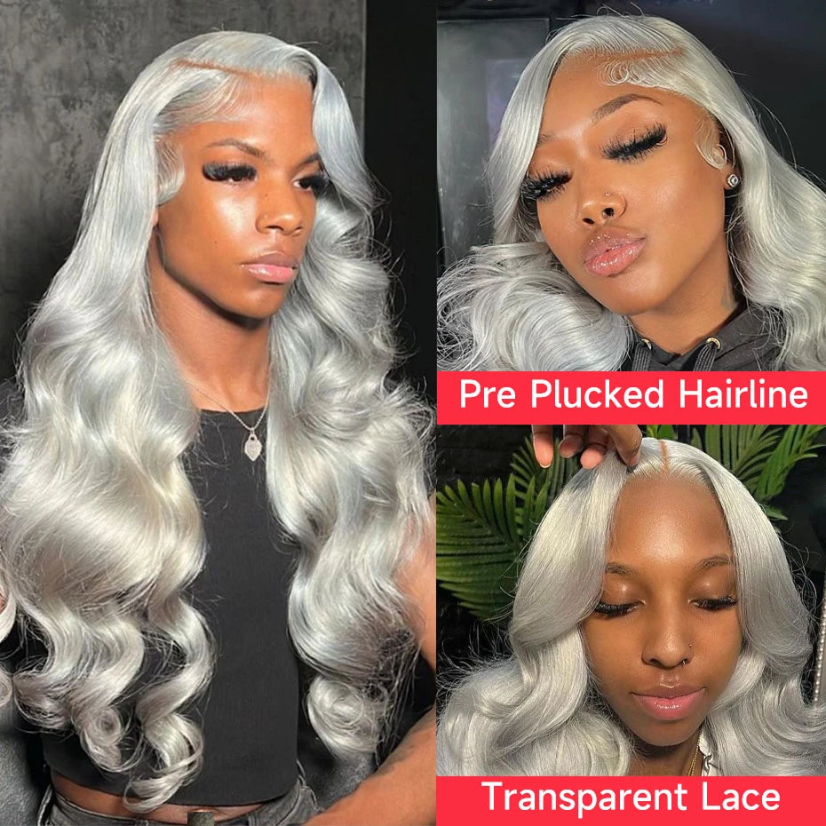 Transparent 13x6 Silver Grey Body Wave Human Hair Lace Front Wig – Pre-Plucked, 250–300% Density, Long Remy Brazilian Hair