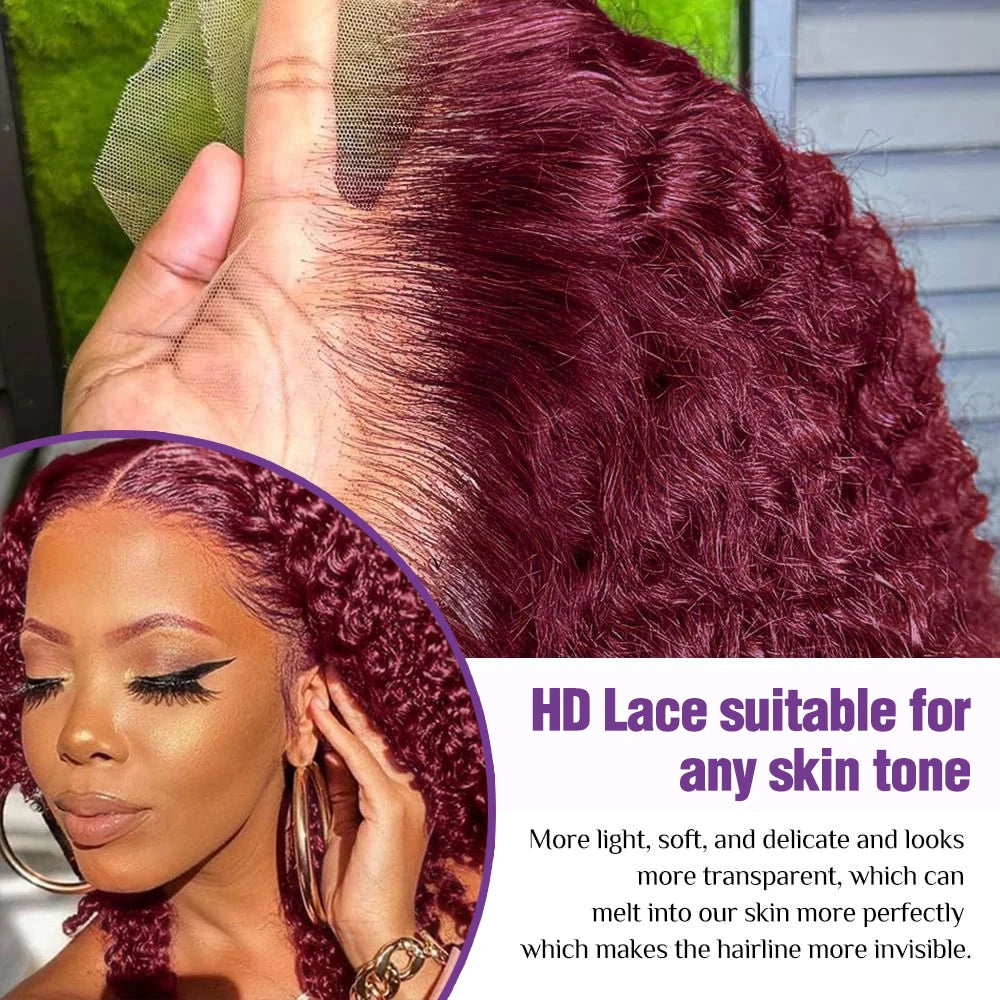 Burgundy 99J Deep Wave Bob Human Hair Wig – 13x6 / 13x4 HD Lace Front Glueless Short Curly Wig