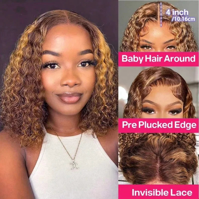 16" P4/27 Honey Brown Highlight Curly Bob Human Hair Wig (5x5 Glueless Transparent Lace)