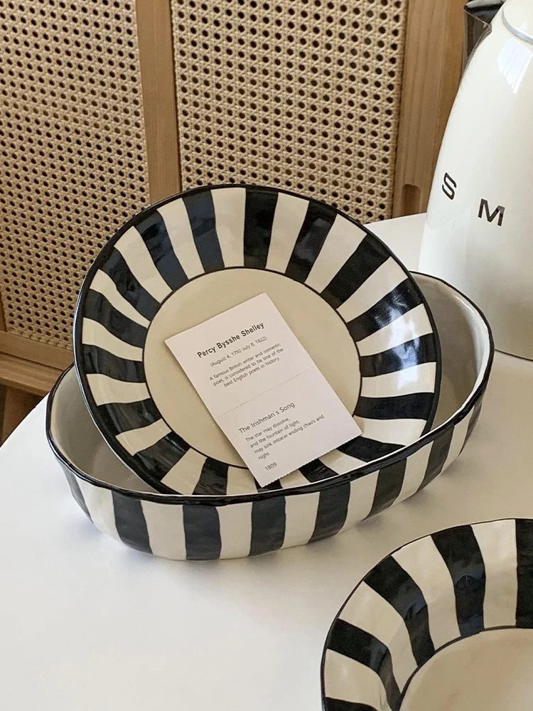 Ins Style Striped Ceramic Bowl – Handcrafted Black & White Tableware for Breakfast, Noodles, Fruits & Desserts