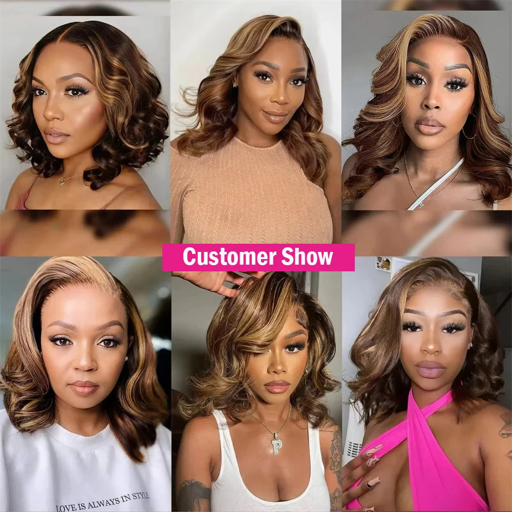 P4/27 Ombre Highlight Body Wave Bob Wig (13x4 Transparent Lace, Pre-Plucked) – 100% Human Hair
