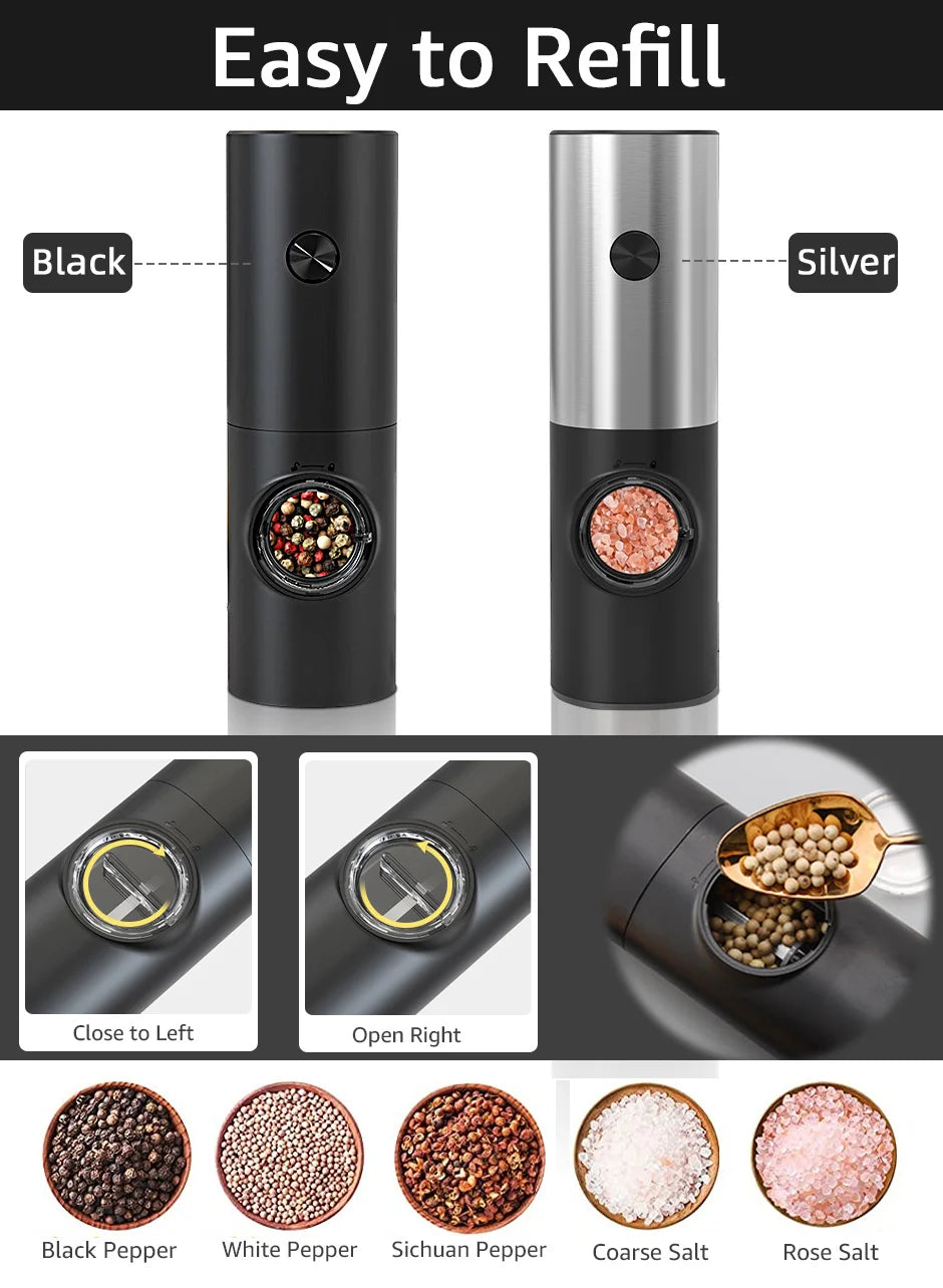 Electric Automatic Salt & Pepper Grinder Set with Base – Battery Powered, LED Light & Adjustable Coarseness