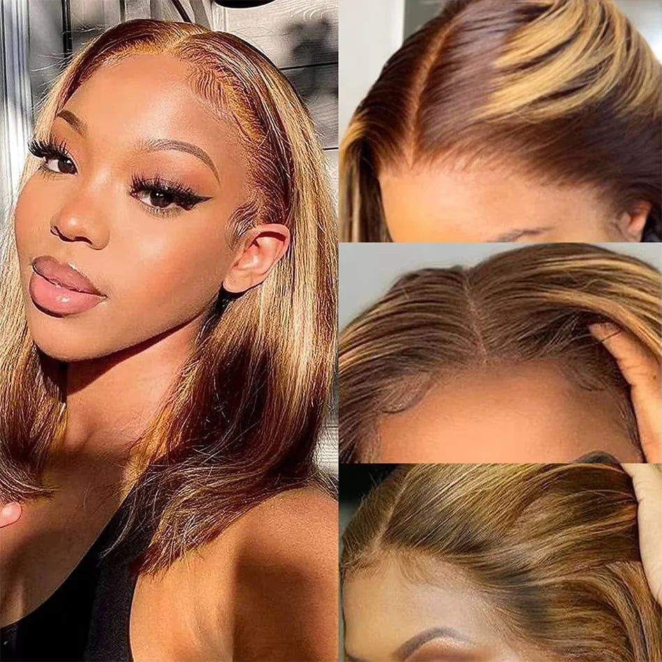 4/27 Ombre Highlight Straight Bob Human Hair Wig 13x4 Transparent Lace Front (Remy, Pre-Plucked)