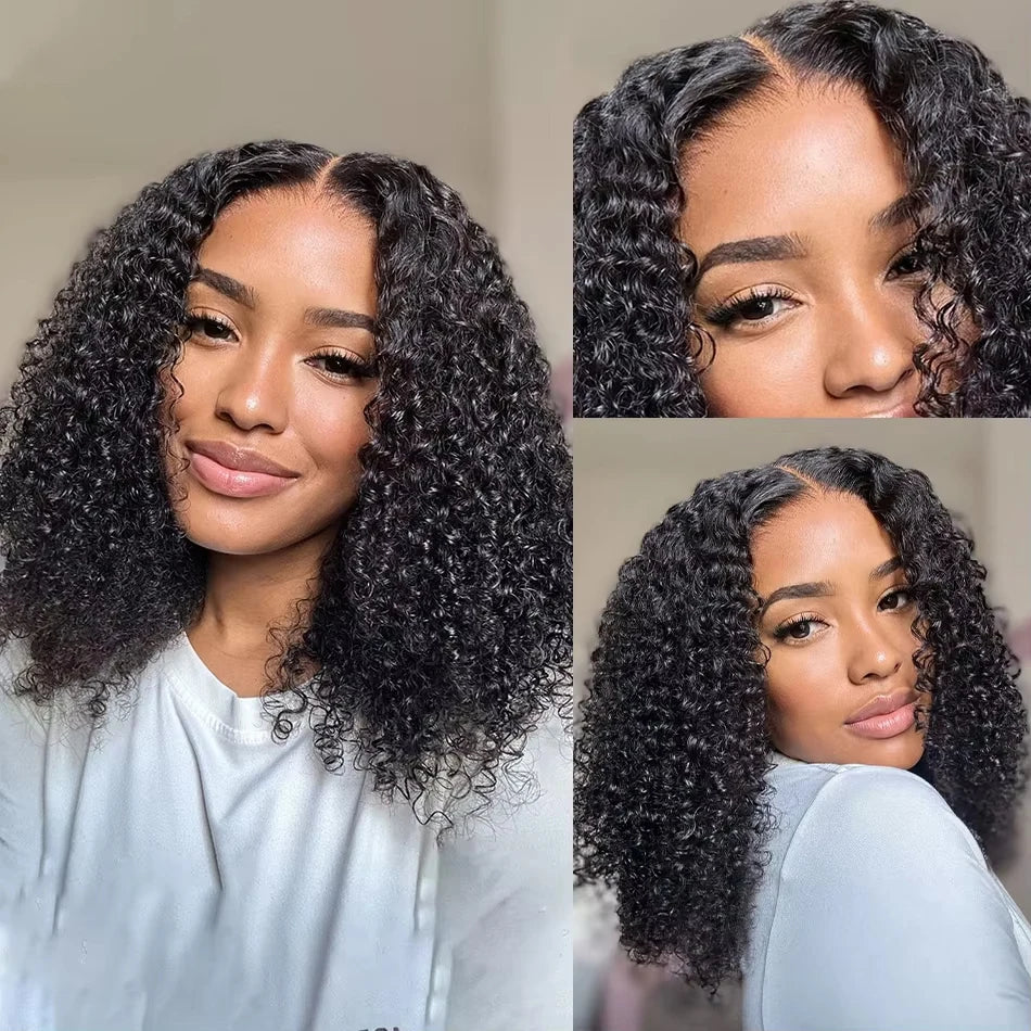Deep Wave Bob Human Hair Wig 13x4 Invisible Transparent Lace Front (200% Density, #1B Natural Black)