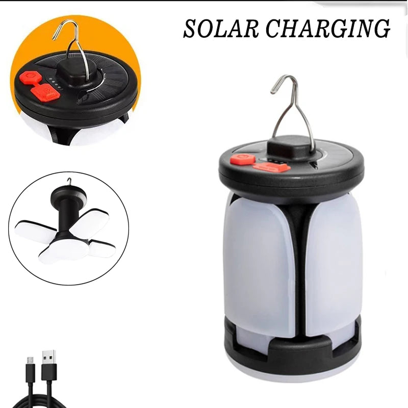 Rechargeable LED Camping Lantern with Solar & USB Power | Portable Folding Tent Light for Hiking, Fishing & Outdoor Use