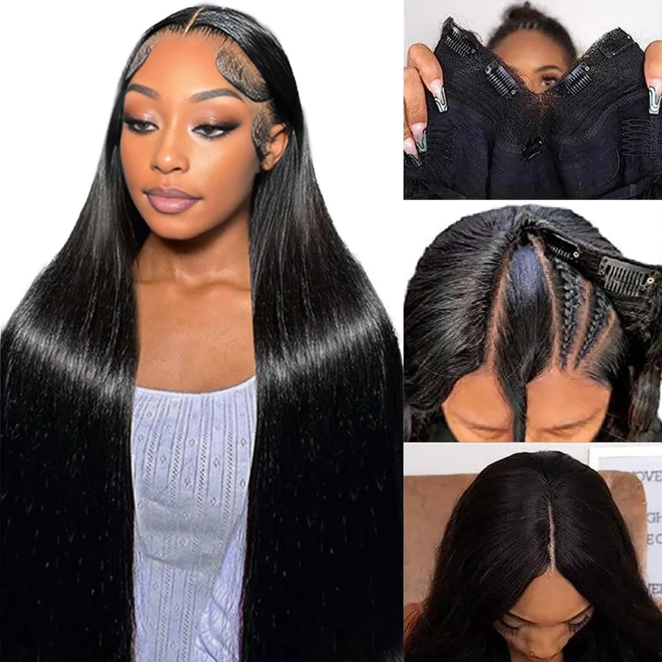 Glueless V Part Straight Human Hair Wig (220% Density, Natural Black, Beginner Friendly, No Leave Out)