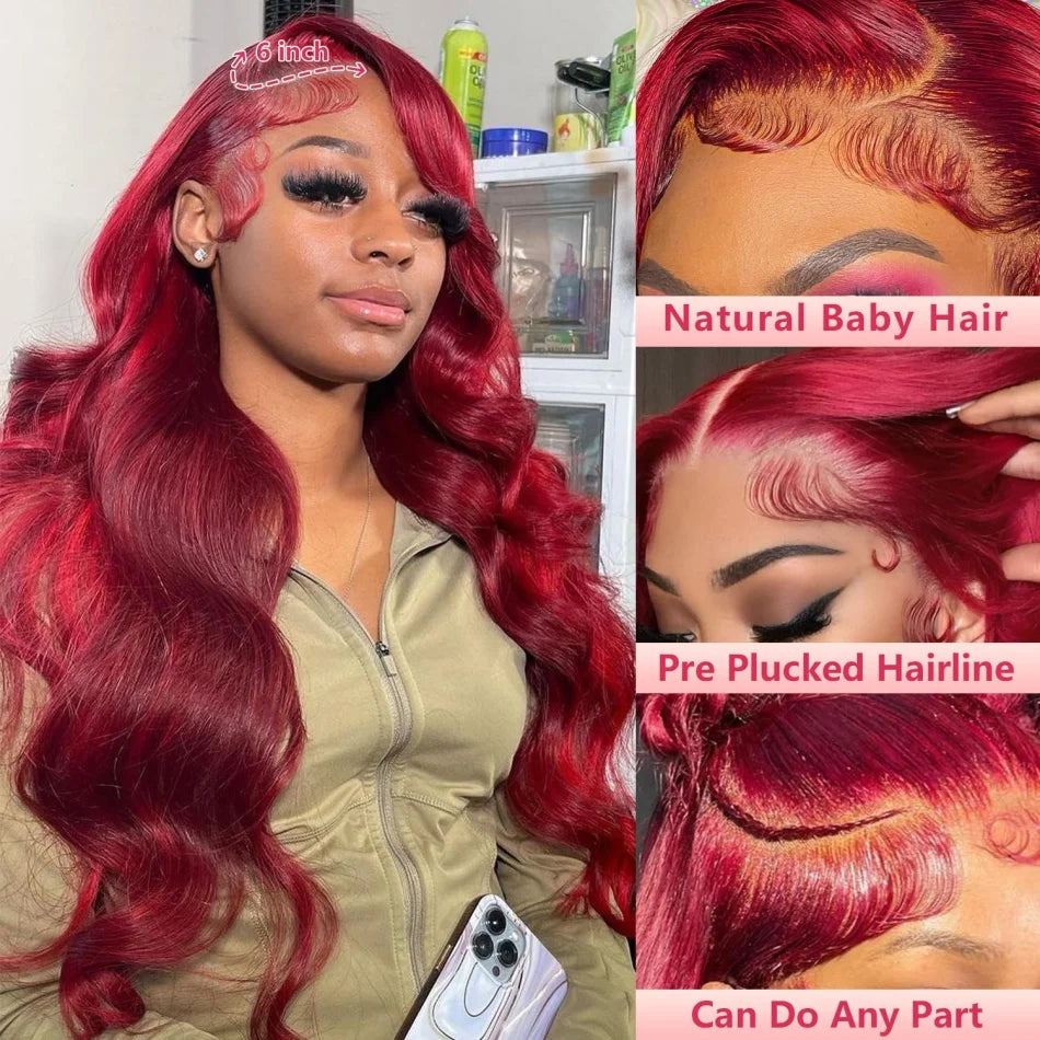 99J Burgundy Body Wave Human Hair Wig (13x6/13x4 HD Lace Front, 250% Density)