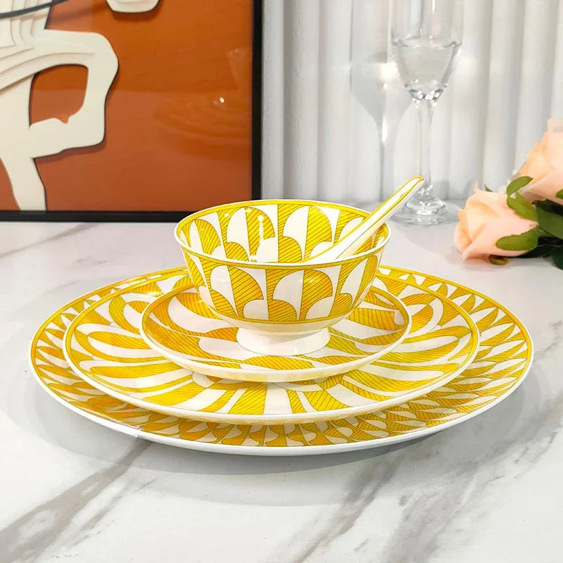 European Style Bone China Tableware Set – Sunshine Geometric Steak Plate & Cup Gift Set for Elegant Dining