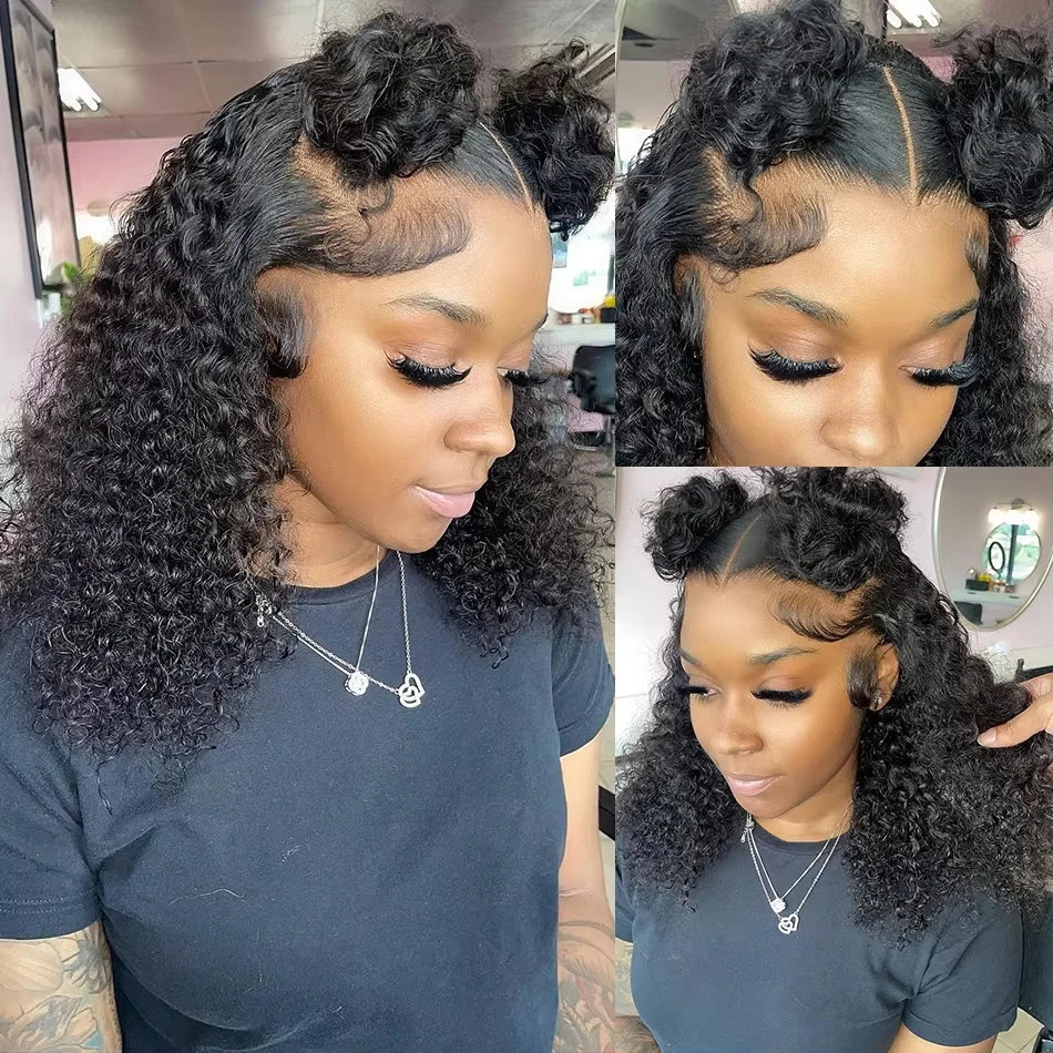 Deep Wave Bob Human Hair Wig 13x4 Invisible Transparent Lace Front (200% Density, #1B Natural Black)