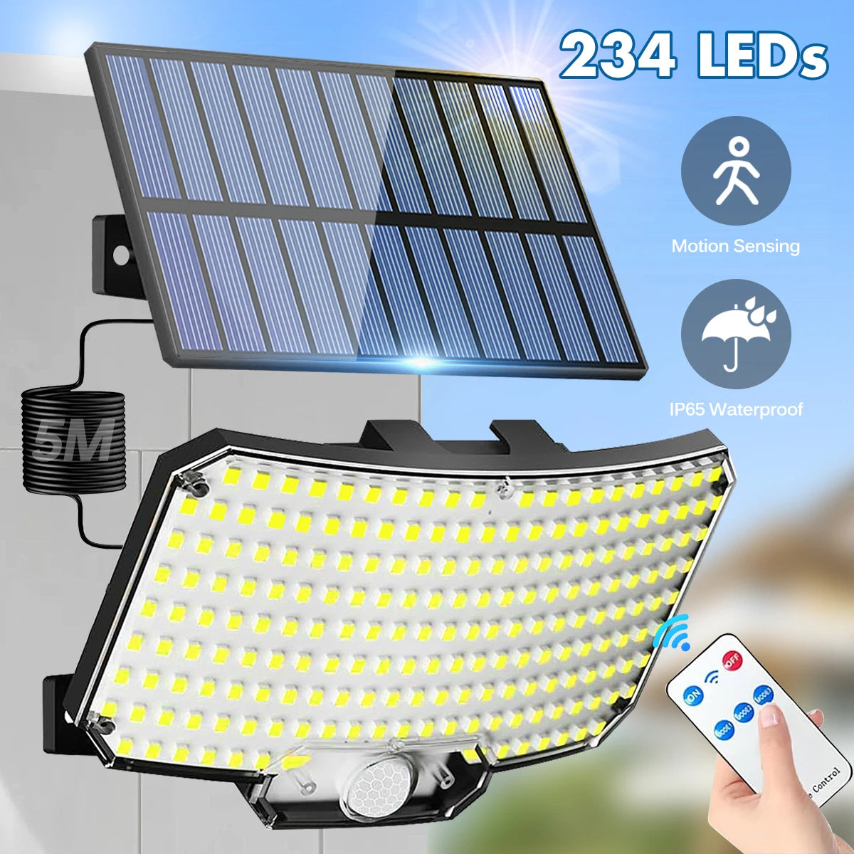 234LED Solar Motion Sensor Flood Light with Remote | IP65 Waterproof Outdoor Security Light for Garden, Wall & Driveway