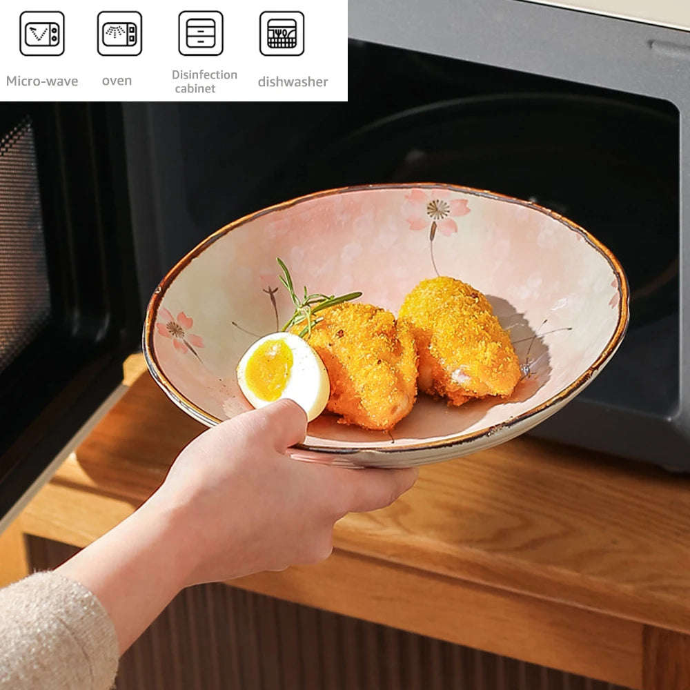 Japanese Floral Ceramic Plates – Handcrafted Round Deep Dinner Dishes for Home, Café & Restaurant Use