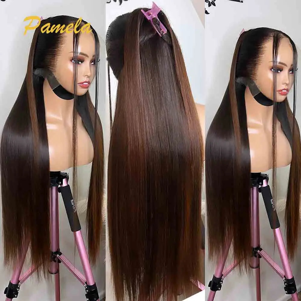 Double Drawn 13x6 HD Lace Frontal Bone Straight Ombre Brown Glueless Human Hair Wig
