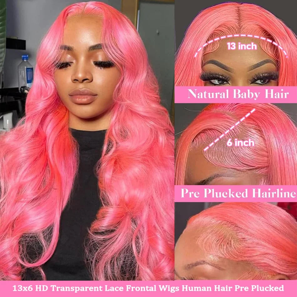 Pink Body Wave 13x6 HD Lace Front Human Hair Wig 250% Density (30–32 Inch)