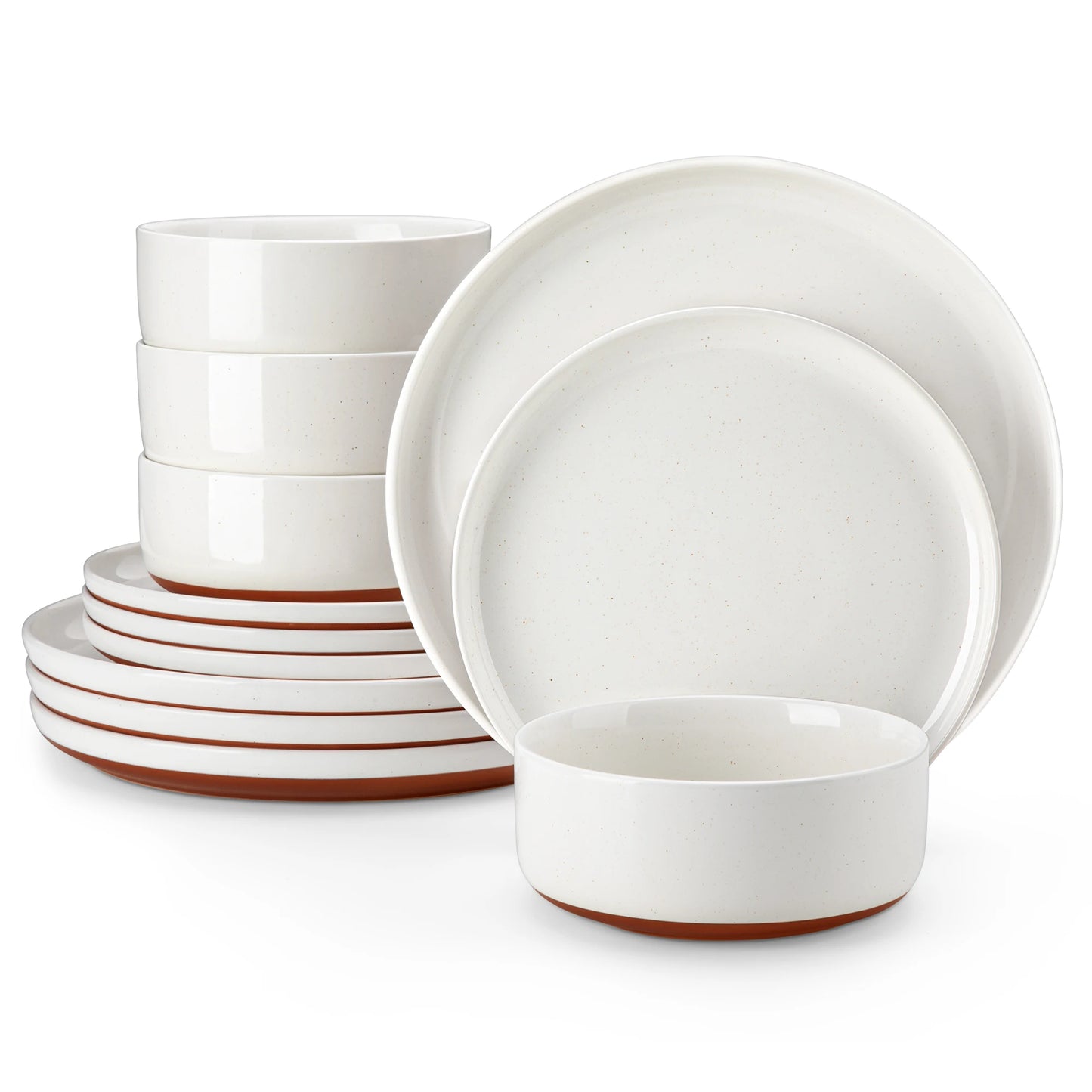 MALACASA TARA 12/24-Piece Stoneware Dinnerware Set – Curved Edge Sesame Glaze Plates & Bowls for 4/6 Person Dining