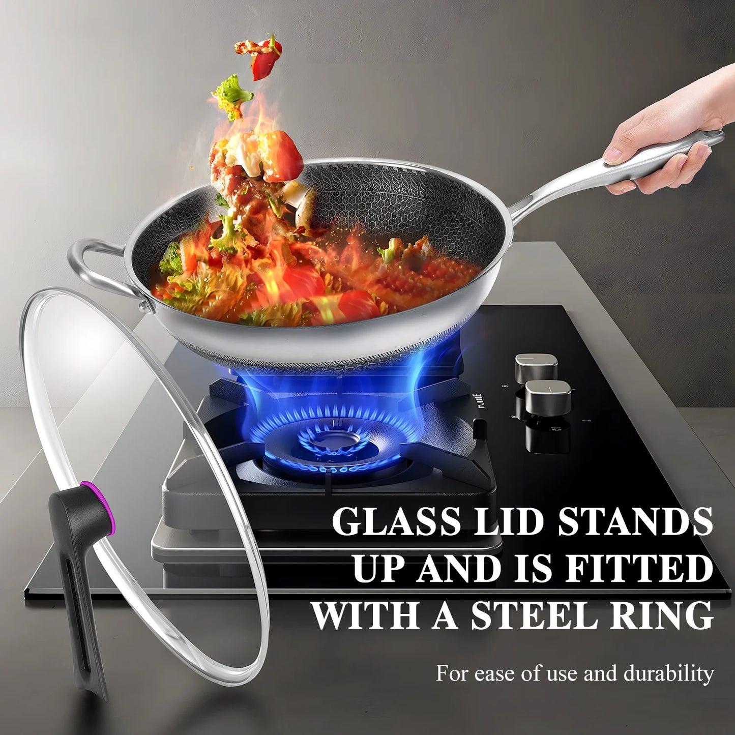 13-Inch Hybrid Stainless Steel Wok with Lid – PFOA-Free Nonstick Cookware