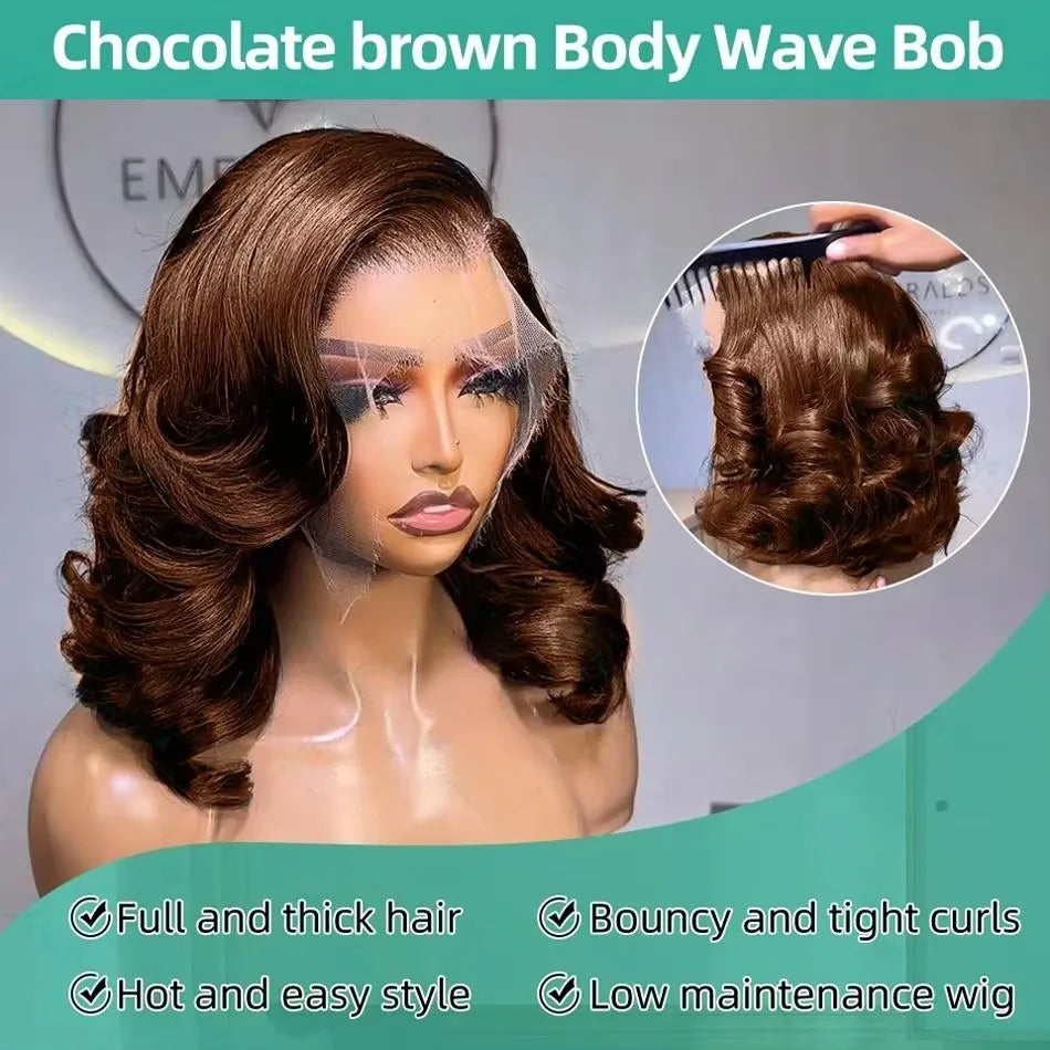 Short Bob Body Wave HD Lace Front Wig – Chocolate Brown #2 | 13×4 Human Hair Wig with Natural Hairline