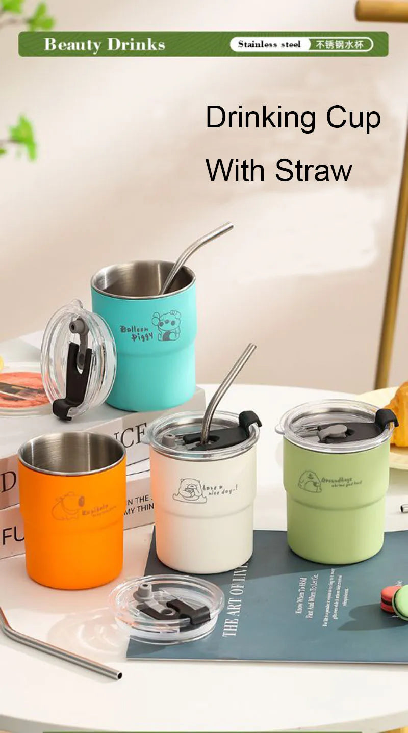 300ml Stainless Steel Tumbler with Straw & Lid – Portable Coffee Travel Mug