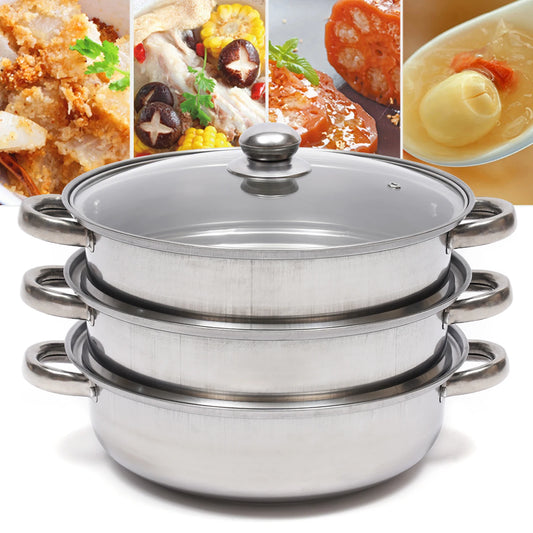 28CM 3-Tier Stainless Steel Food Steamer – Multi-Function Cooking Pot for Kitchen
