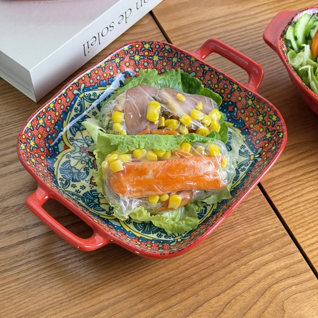 Bohemian Ceramic Plate Set – Double-Eared Fish Plates & High-Value Salad Dish for Home Dining and Cooking