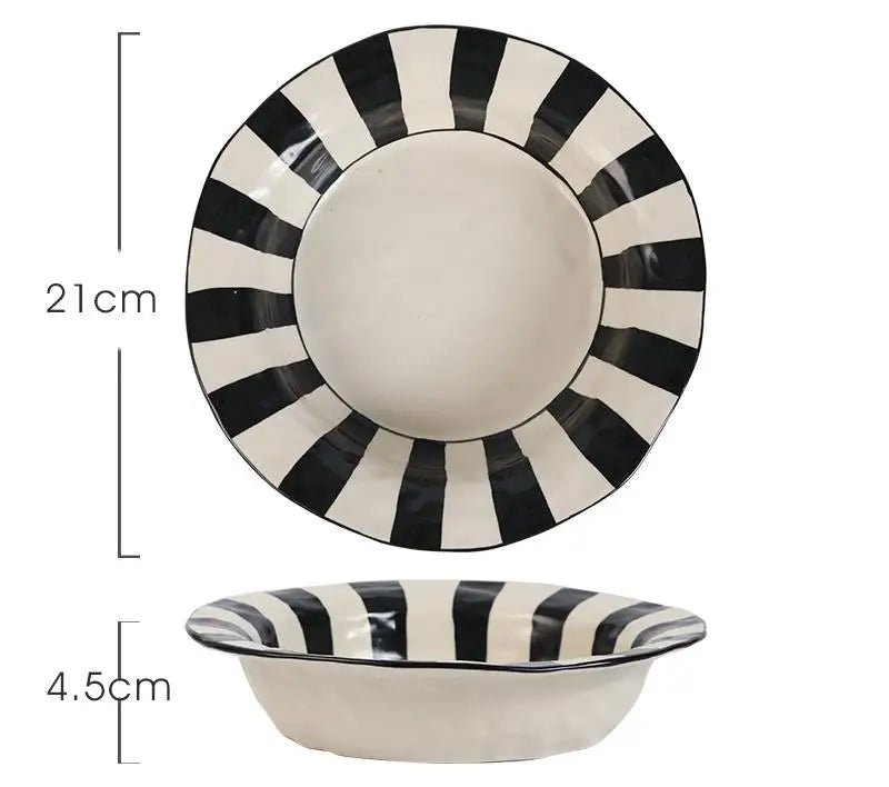 Ins Style Striped Ceramic Bowl – Handcrafted Black & White Tableware for Breakfast, Noodles, Fruits & Desserts