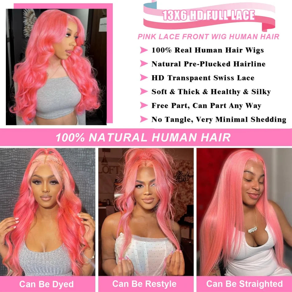 Pink Body Wave Human Hair Wig 13x6 HD Lace Frontal 40 Inch – 230% Density
