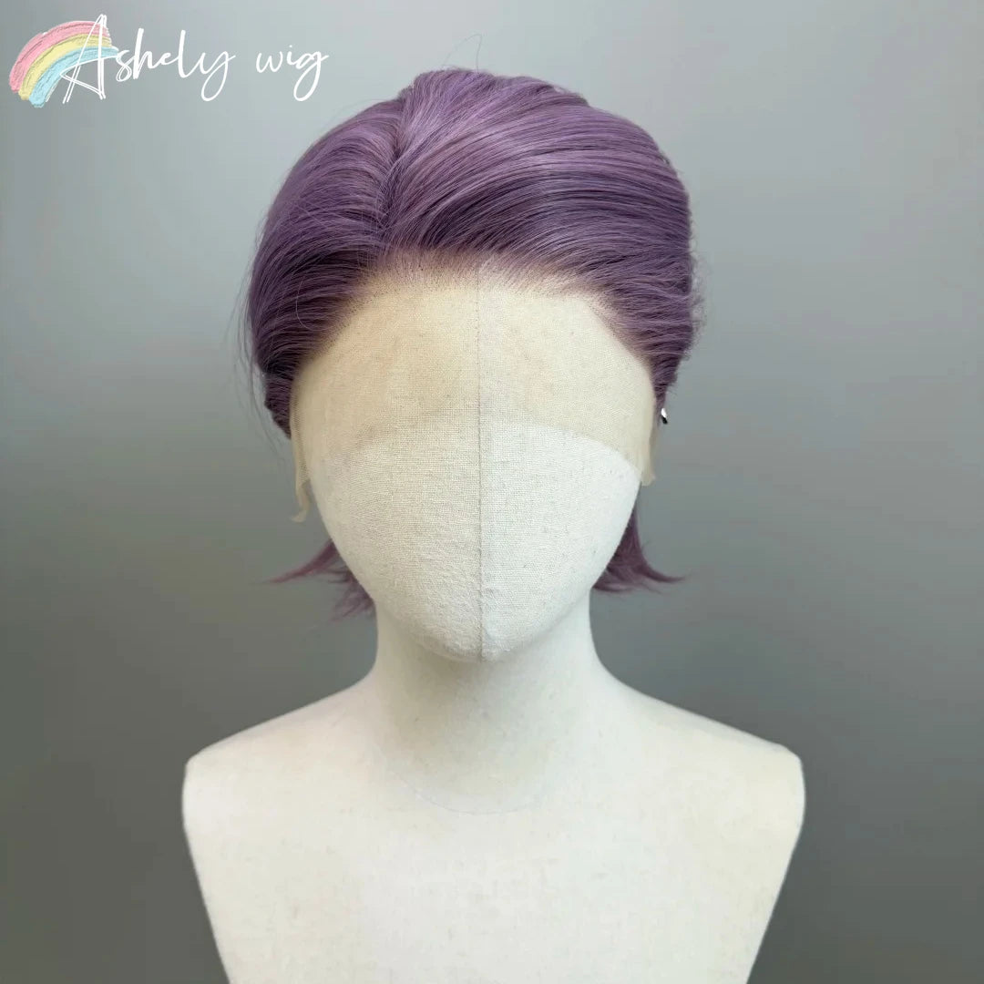Purple Short Lace Front Wig for Men | 8 Inch Dark Purple Synthetic Wig