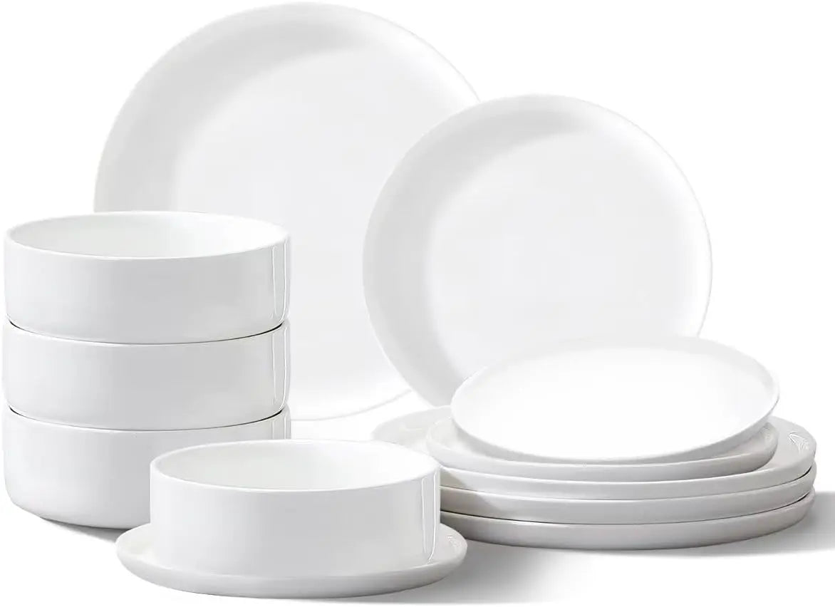12-Piece White Porcelain Dinnerware Set – Plates & Bowls for 4, Microwave Safe