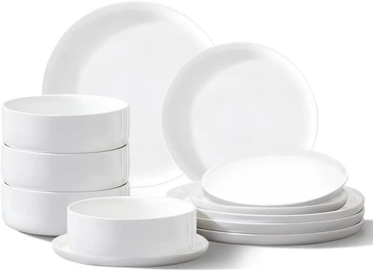 12-Piece White Porcelain Dinnerware Set – Plates & Bowls for 4, Microwave Safe