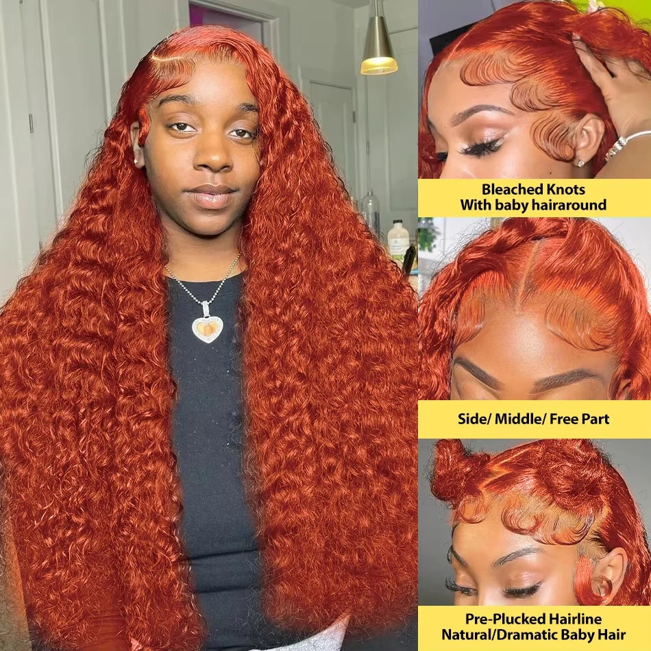 Orange Ginger Water Wave HD Lace Front Human Hair Wig | Transparent Lace 13x6 / 13x4 Pre-Plucked (30 Inch)