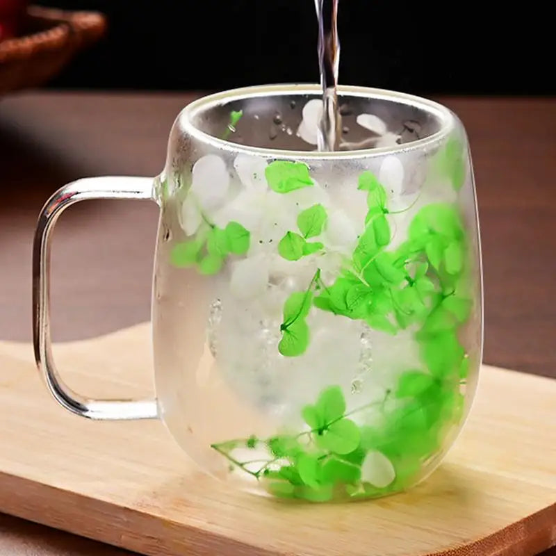 🌸 Double Wall Glass Cup 200ml – Clear Dried Flower Coffee & Tea Mug with Handle