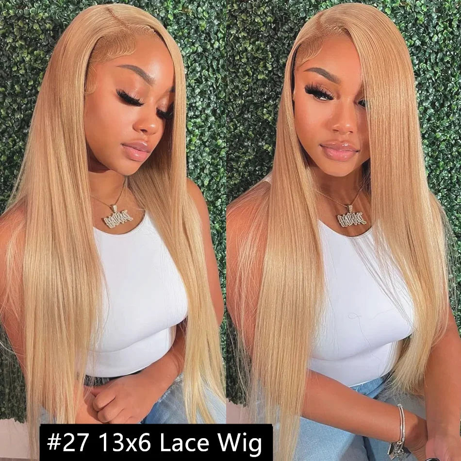 Bone Straight Honey Blonde 13x6 HD Lace Front Wig – 27# Brazilian Human Hair, Long Straight Glueless Wig