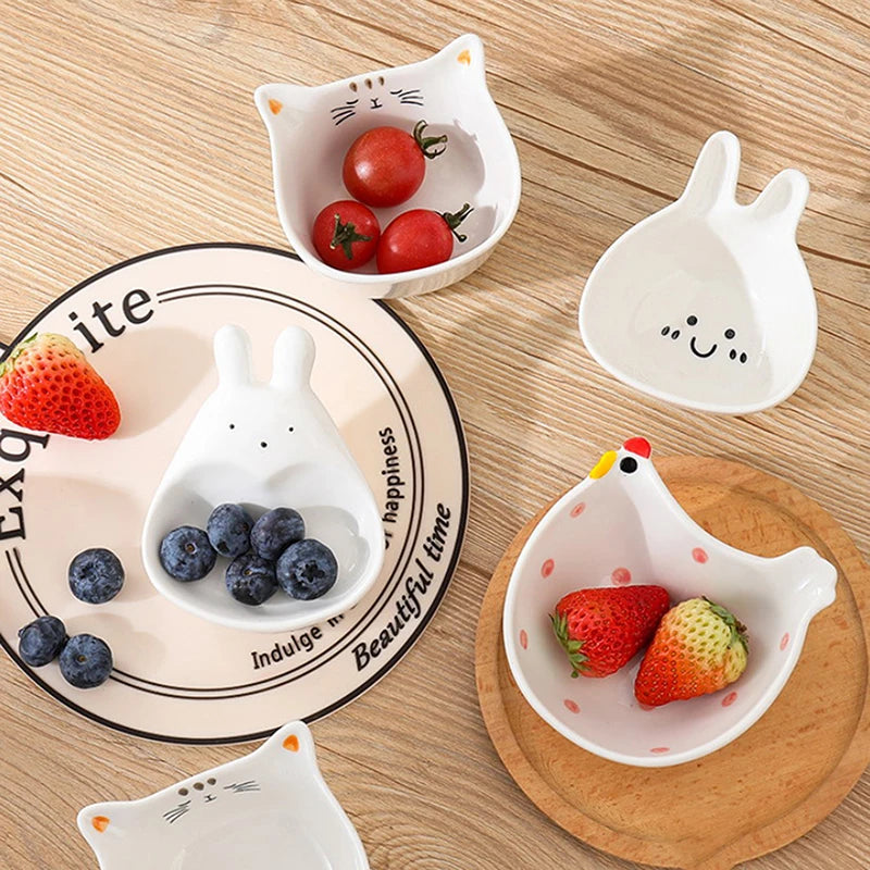 Cute Ceramic Mixing Dish with Handle – Bunny & Cat Dipping Bowl for Snacks & Sushi