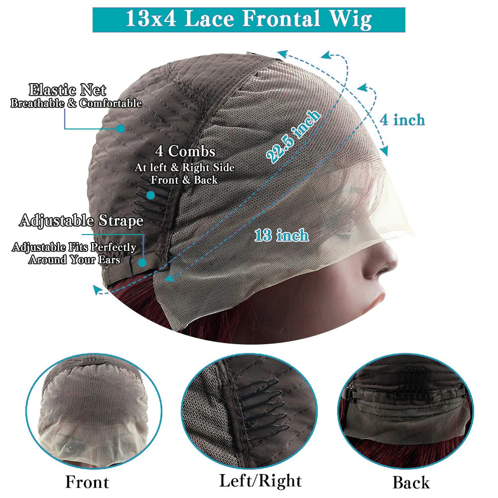99J Burgundy Bob Wig Human Hair – 13x4 Lace Frontal, Straight, Short Red Wig