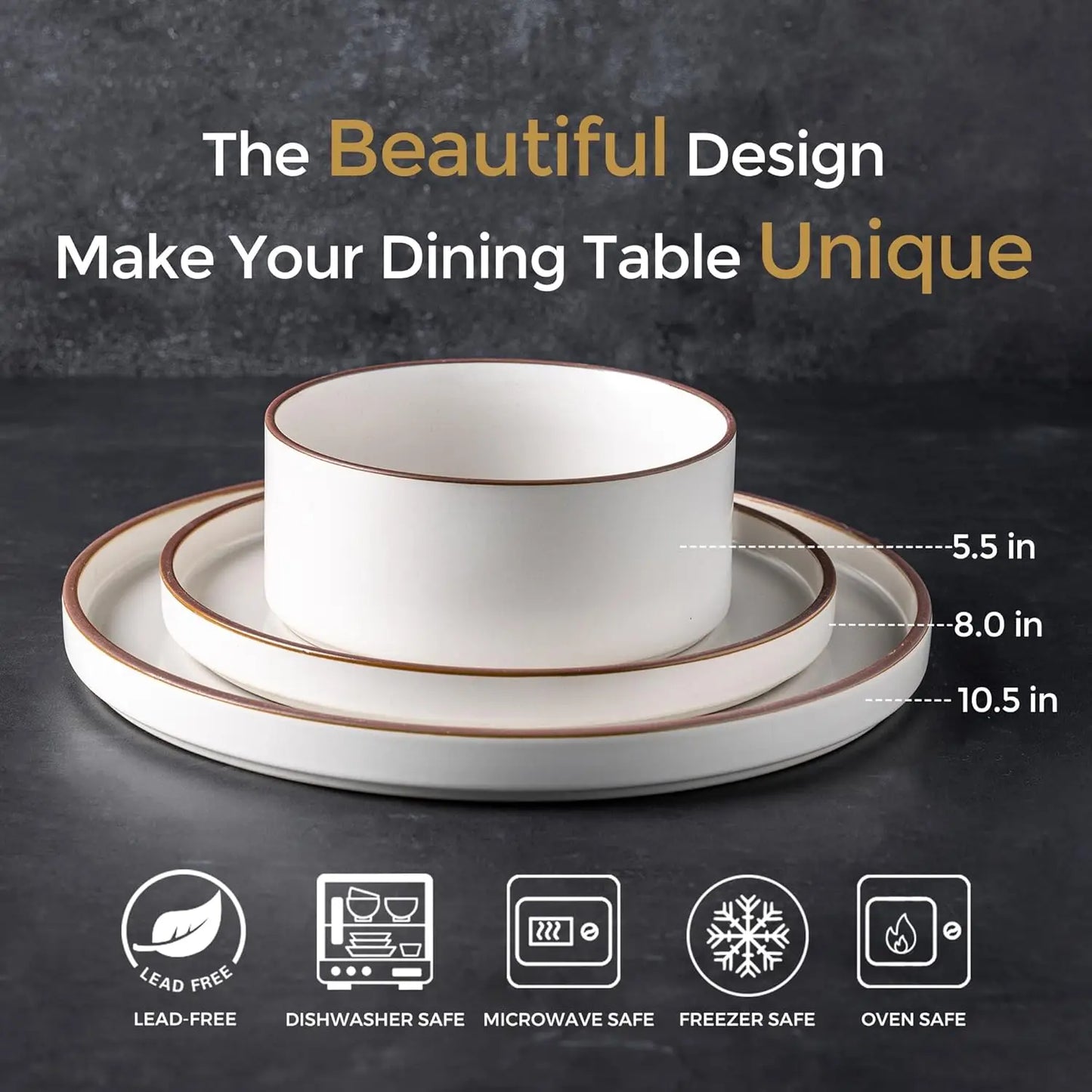 LeRatio 24-Piece Ceramic Dinnerware Set for 6 | High-Edge Stoneware Plates & Bowls, Oven & Dishwasher Safe